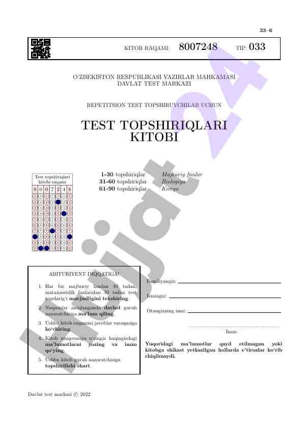 Test topshiriqlari kitobi biologiya va kimyo
