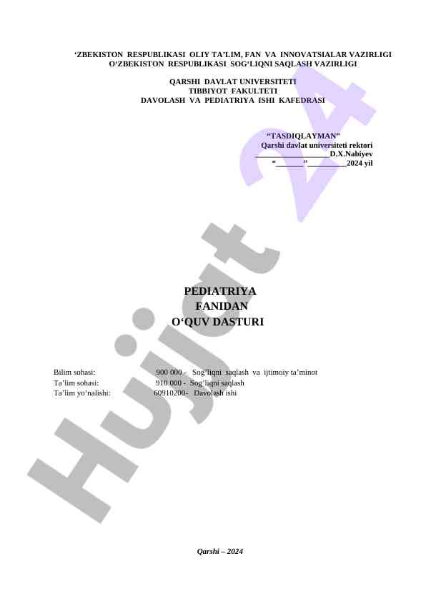 Pediatriya fanidan o‘quv dasturi 2024
