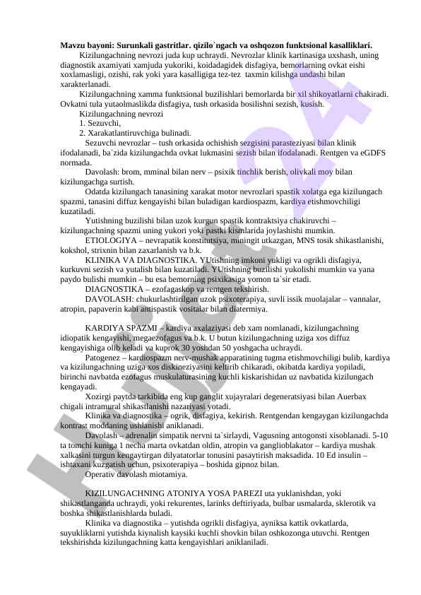 Surunkali gastritlar va kizilungach nevrozi tahlili