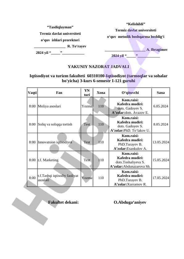 Iqtisodiyot va turizm fakulteti yakuniy nazorat jadvali