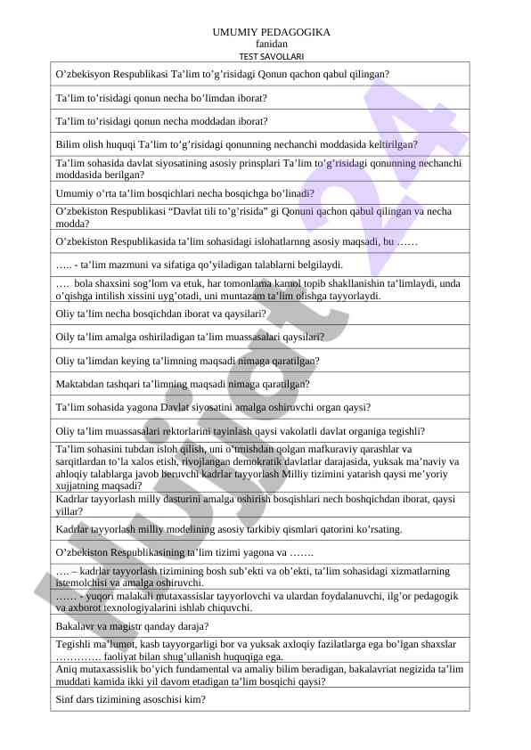 Umumiy pedagogika fanidan test savollari