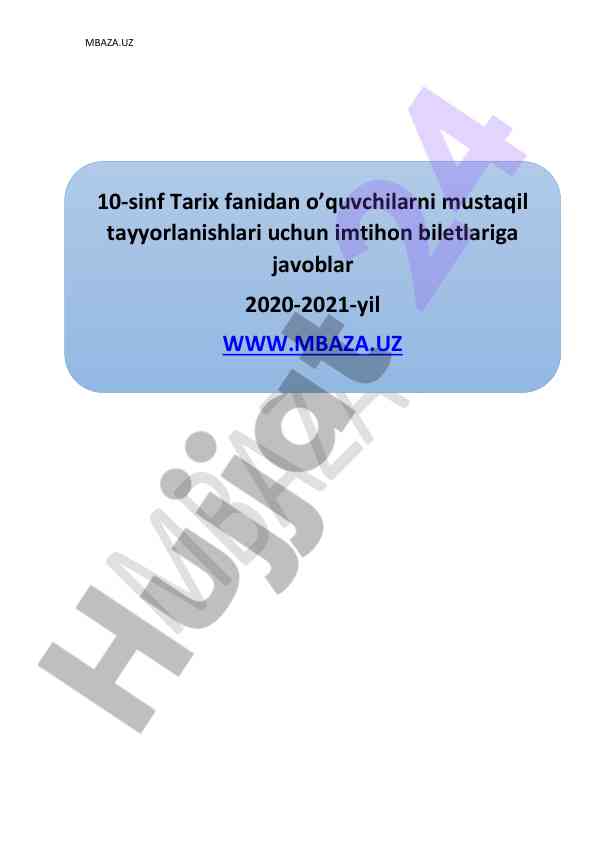 Tarix fanidan 10-sinf imtihon biletlariga javoblar