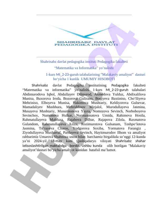 1-kurs talabalarining malakaviy amaliyot hisoboti