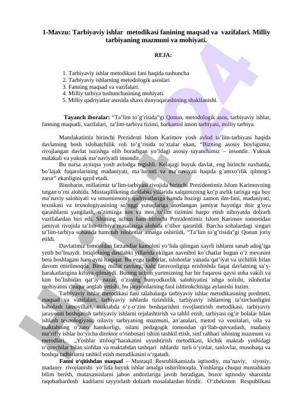 Tarbiyaviy ishlar metodikasi va milliy tarbiya