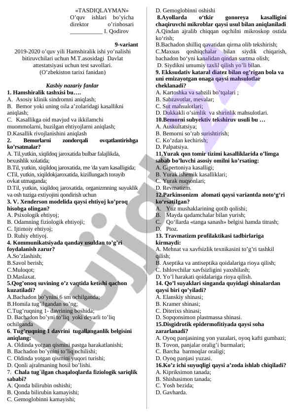 Hamshiralik ishiga doir test savollari 2019-2020