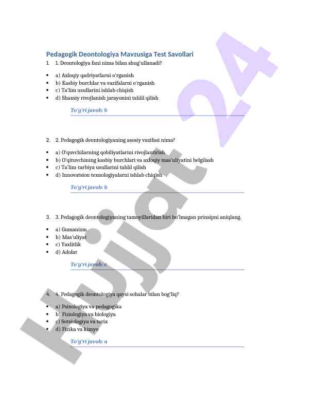 Pedagogik deontologiya mavzusiga test savollari