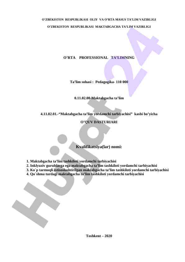 Maktabgacha ta’lim yordamchi tarbiyachisi dasturi