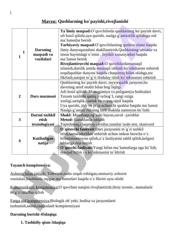 Qushlarning ko`payishi va rivojlanishi tahlili