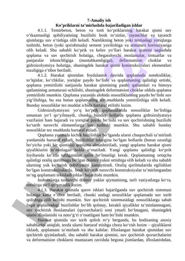 Ko'priklarni ta'mirlashda bajariladigan ishlar