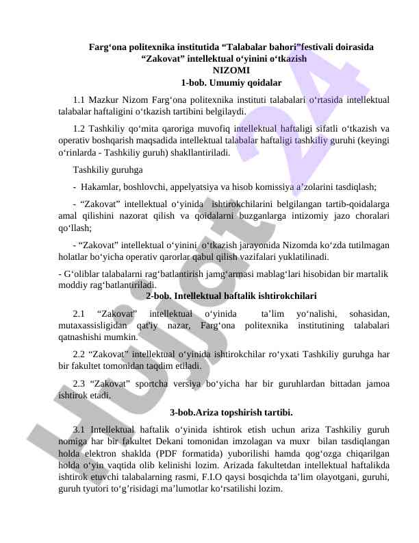 Intellektual o'yinlar hafta tashkiliy nizomi