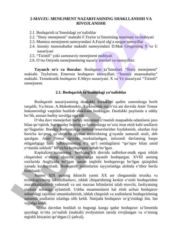 Menejment nazariyasining shakllanishi va rivojlanishi