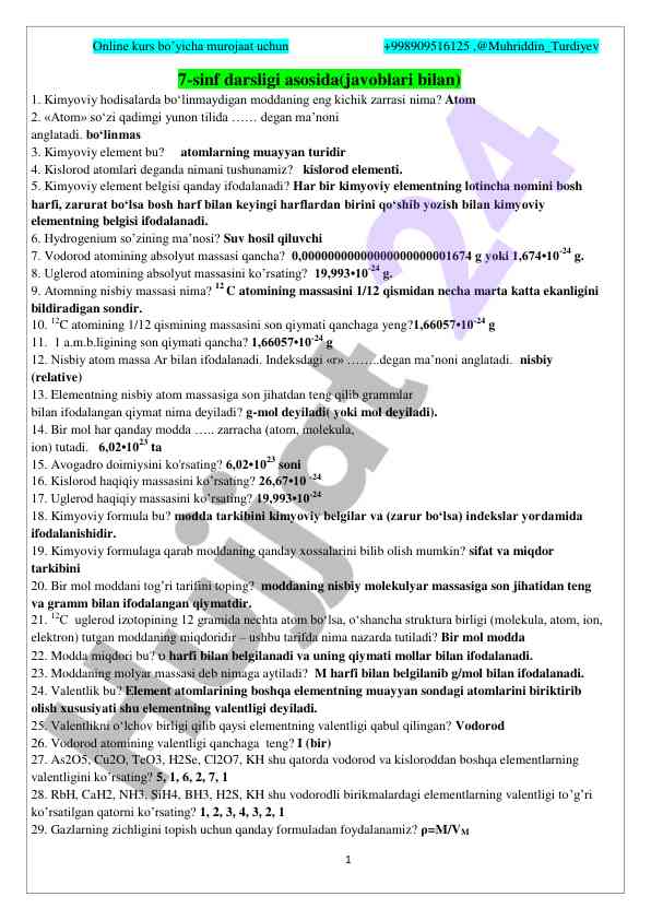 7-sinf kimyo darsligi savollari va javoblari