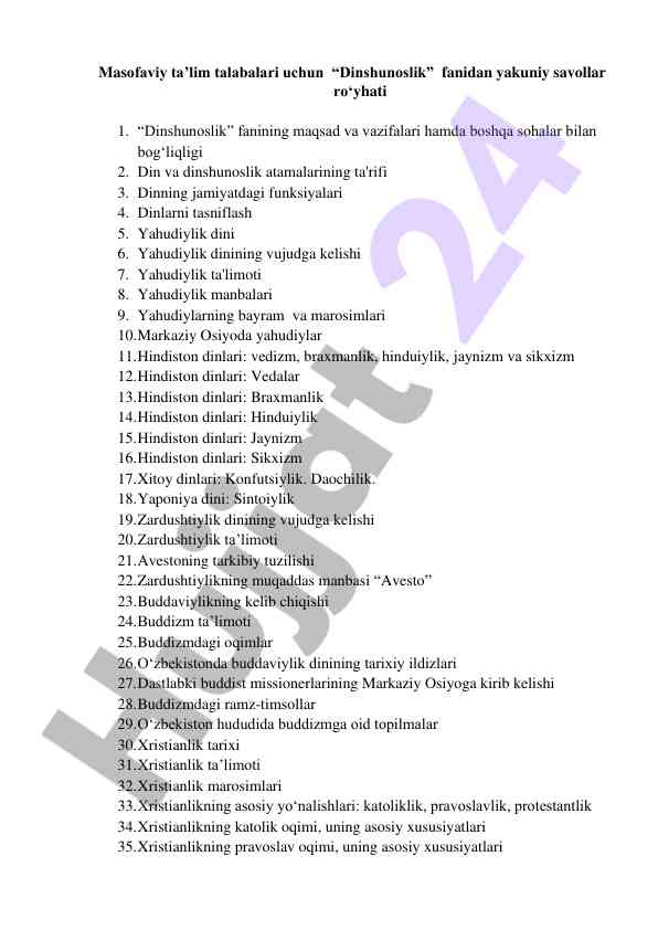 Dinshunoslik fanidan yakuniy savollar ro'yhati