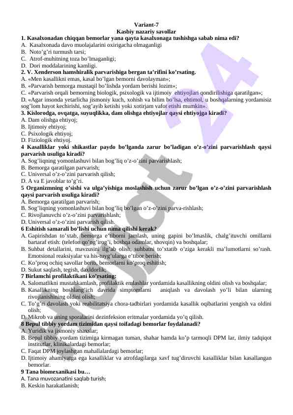 Kasbiy nazariy savollar bemorlar parvarishi haqida