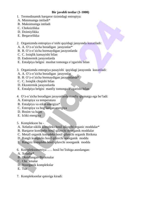 Termodinamik jarayonlar bilan bog'liq testlar