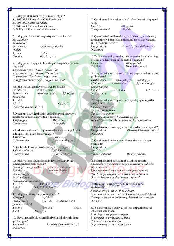 Biologiya fani bo'yicha test savollari