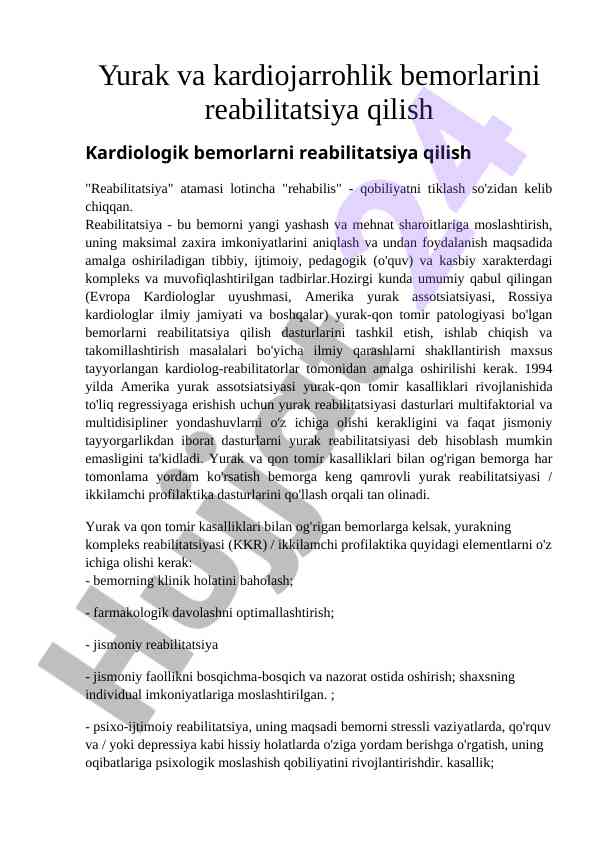 Yurak va kardiojarrohlik bemorlarini reabilitatsiya qilish