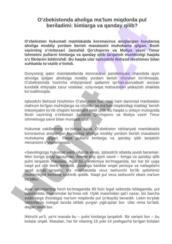 O‘zbekistonda aholiga moddiy yordam takliflari