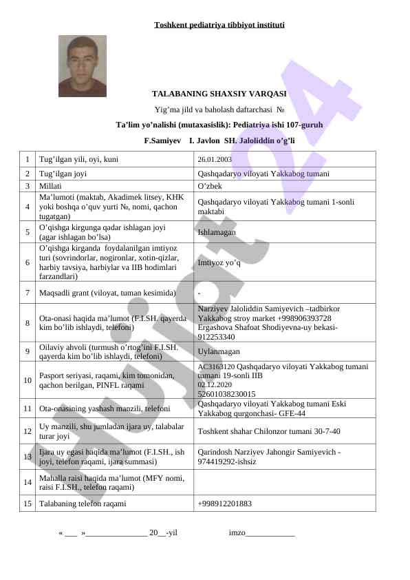 Pediatriya ta’lim yo’nalishi talaba varqalari