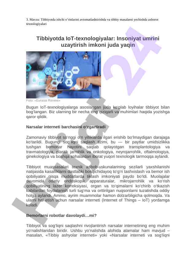 Tibbiyotda iot-texnologiyalar va avtomatlashtirish