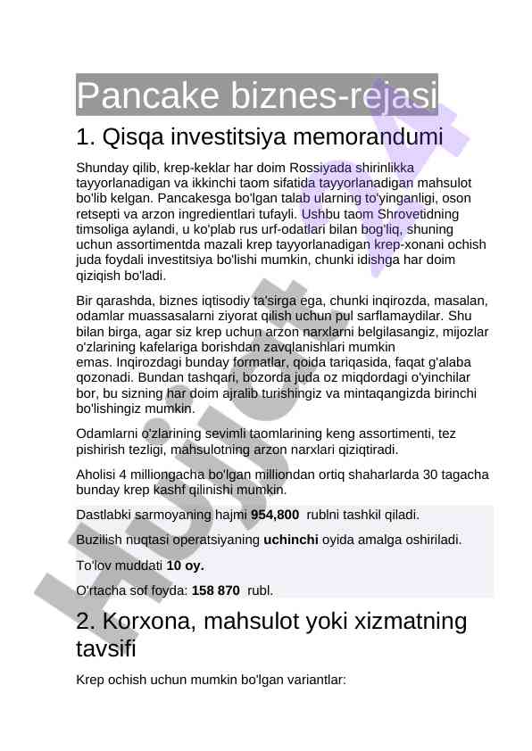 Pancake biznes-rejasi va investitsiya memorandumi