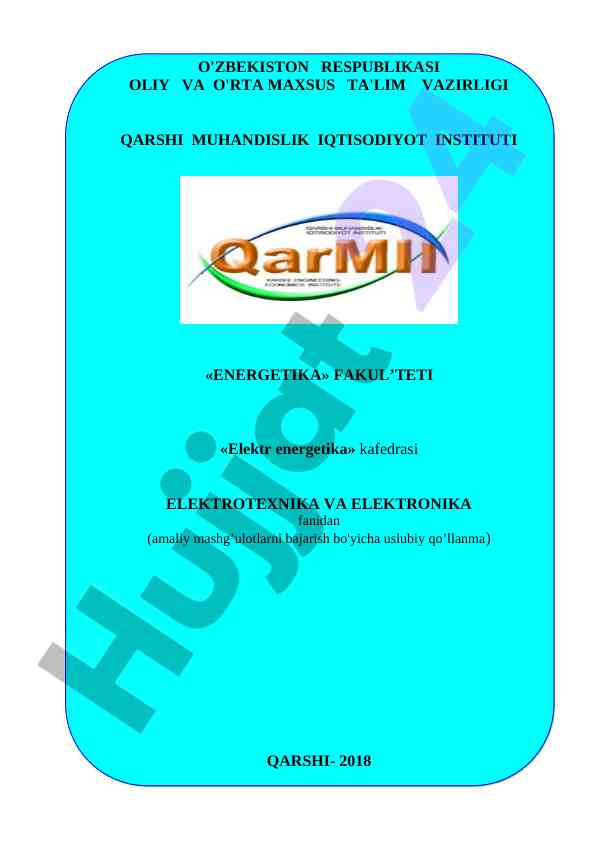 Uslubiy qo'llanma elektr energetika fanidan amaliy mashg'ulotlar