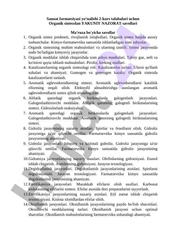 Organik sintez kursi uchun yakuniy nazorat savollari