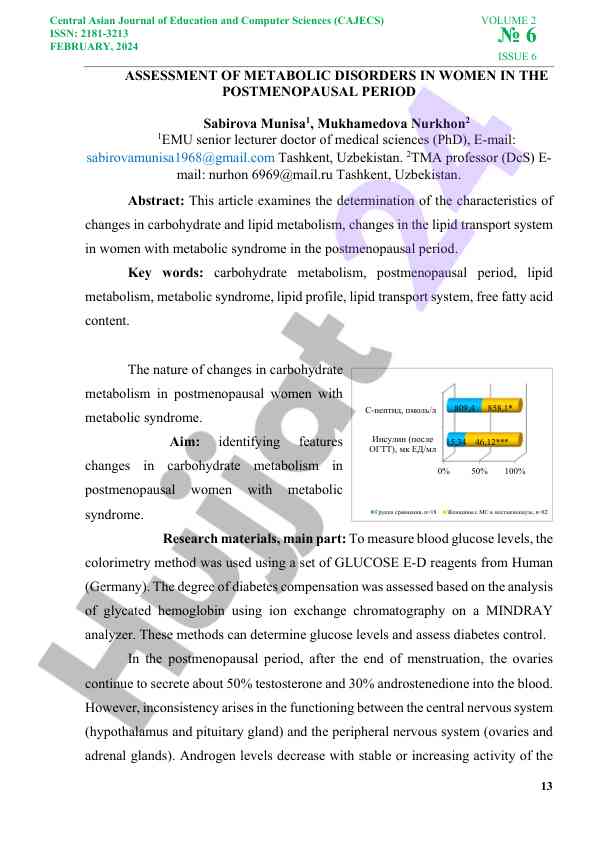 Assessment of metabolic disorders in women postmenopause