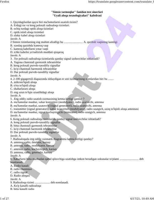 Simsiz tarmoqlar fanidan test sinovlari