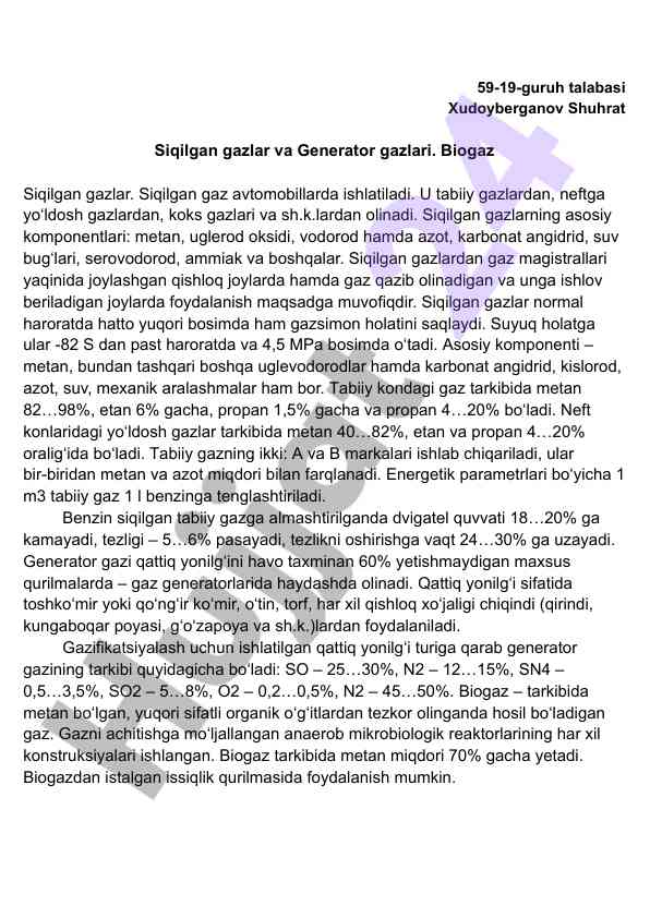 Siqilgan gazlar va generator gazlari tahlili