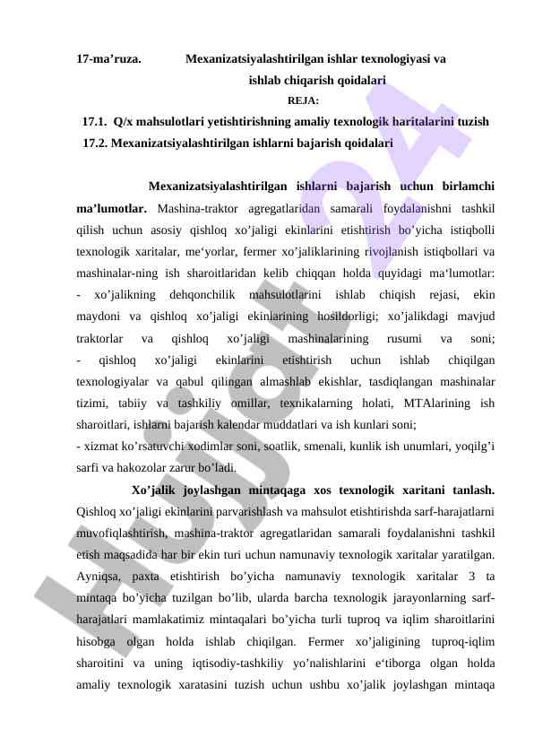 Mexanizatsiyalashtirilgan ishlar texnologiyasi qoidalari