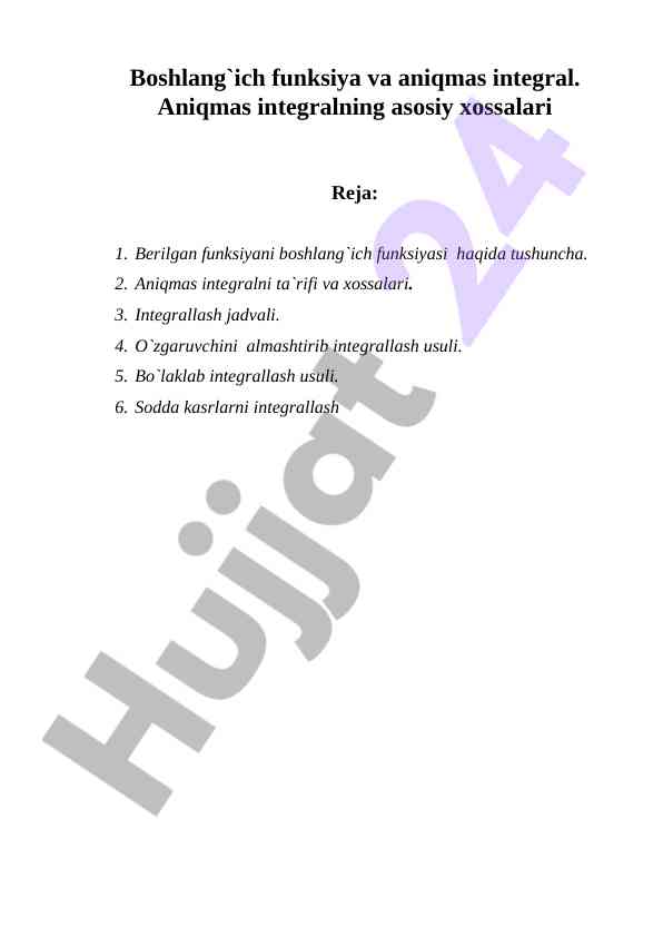 Boshlang'ich funksiya va aniqmas integral
