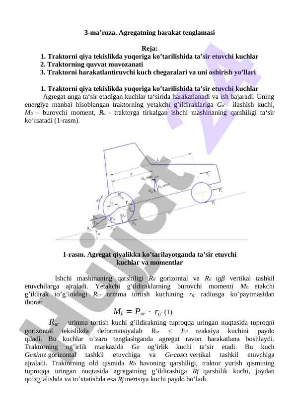 Traktor harakati tenglamalari va kuchlar