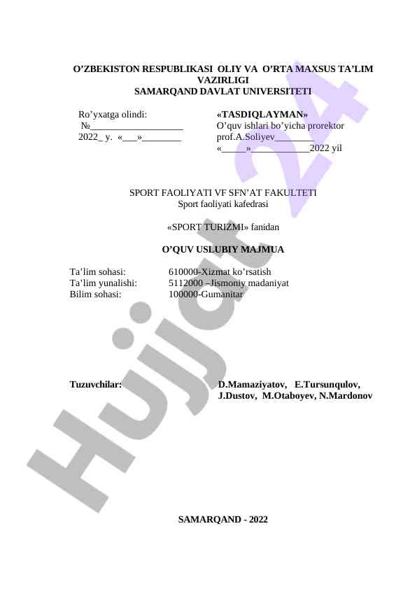 Sport turizmi fanidan o’quv usuliy majmua