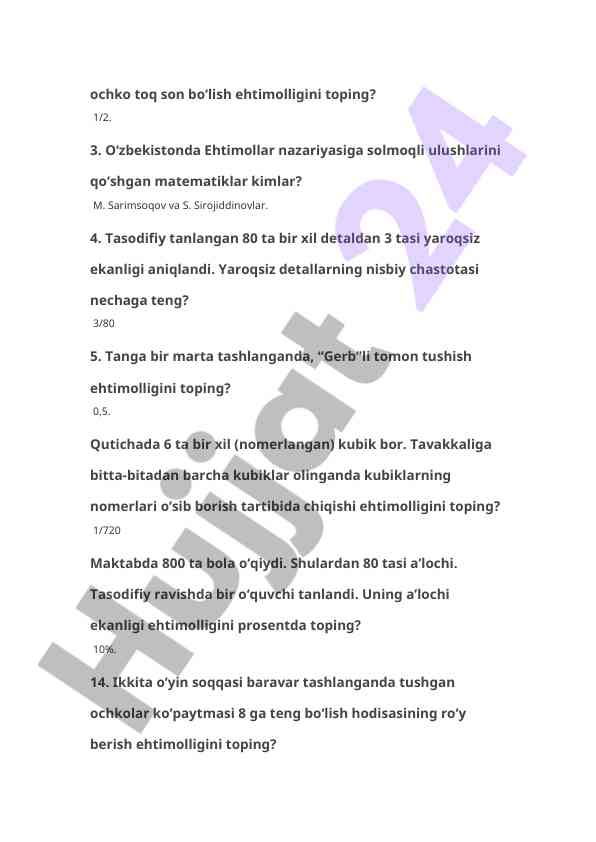 Ehtimollar nazariyasi bo‘yicha masalalar va topshiriqlar