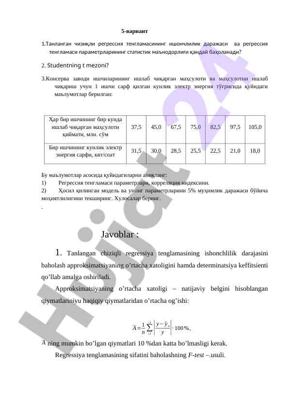 Tanlangan chiziqli regressiya tenglamasi baholash
