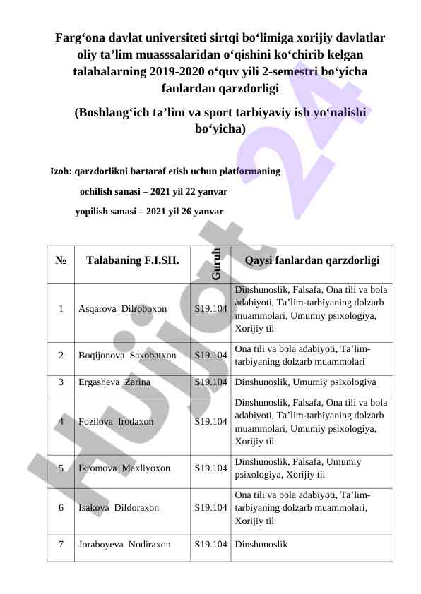 2019-2020 oʻquv yili qarzdor talabalar roʻyxati