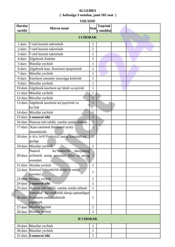 Algebra viii sinf o‘quv qo‘llanmasi 102 soat