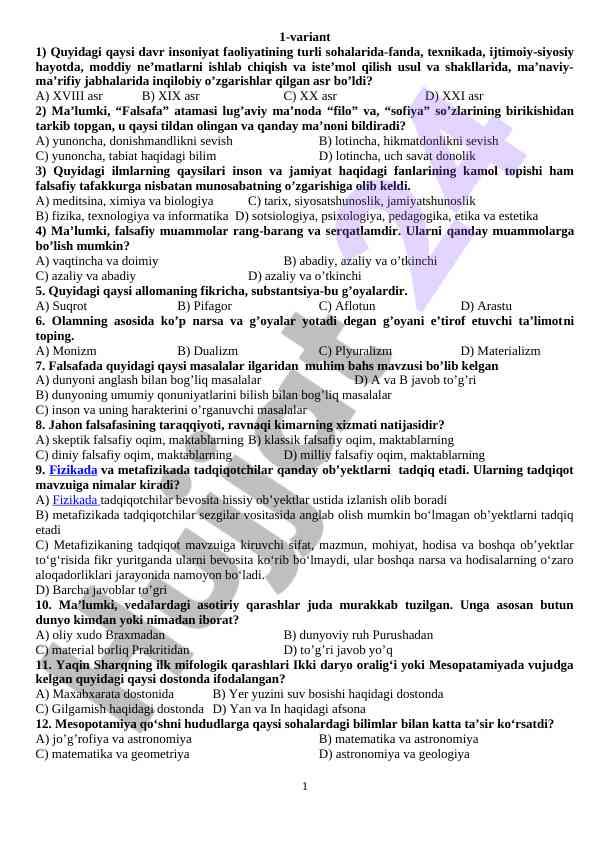 Falsafa va ilmiy fanlarga oid test svarlar