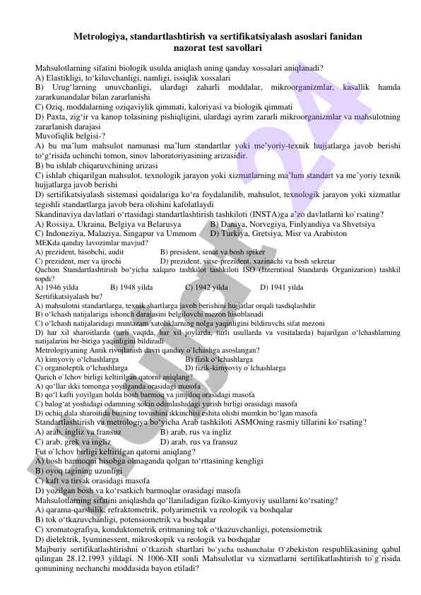 Metrologiya va sertifikatlash asoslari test savollari