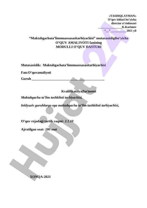 Maktabgacha ta’lim fanining modulli dasturi