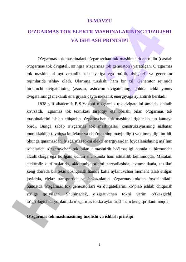 O‘zgarmas tok elektr mashinalarining tuzilishi va ishlash
