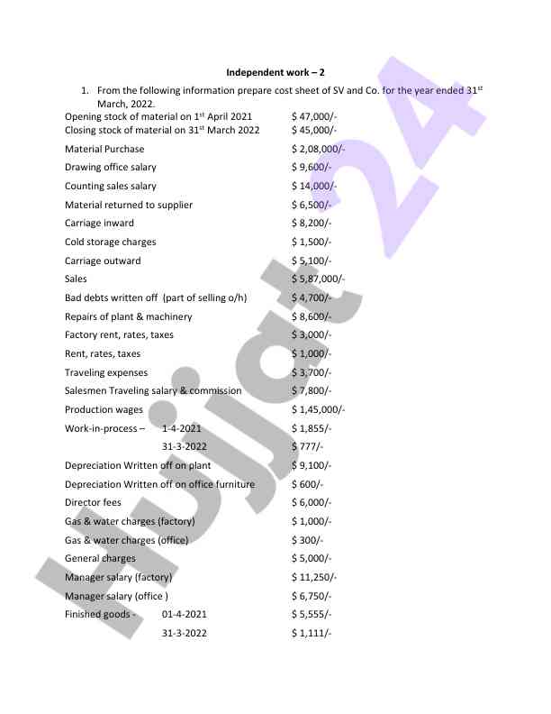 Cost sheet preparation for sv and co year ending 2022
