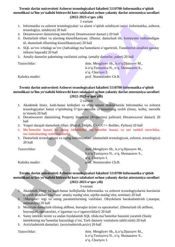 Yakuniy davlat attestatsiya savollari 2022-2023
