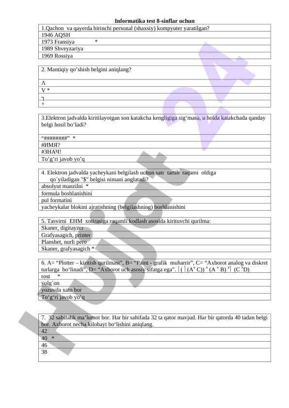 Informatika test 8-sinflar uchun
