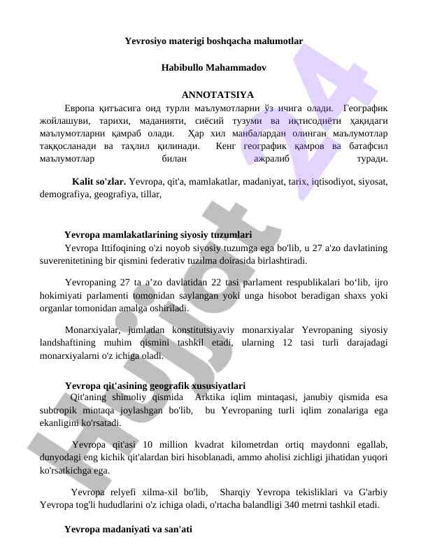 Yevropa qit‘asi haqida ma'lumotlar tahlili