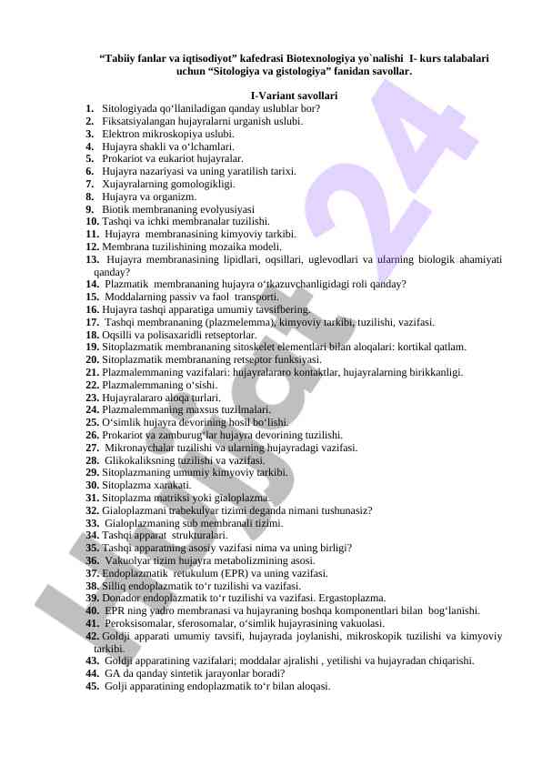 Sitologiya va gistologiya kursi savollari i-varianti