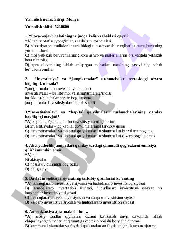 Sitrqi moliya yo‘nalishiga bag‘ishlangan test savollari