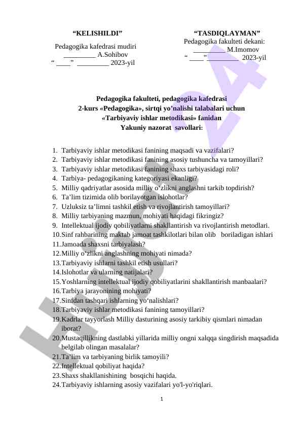 Tarbiyaviy ishlar metodikasi yakuniy nazorat savollari