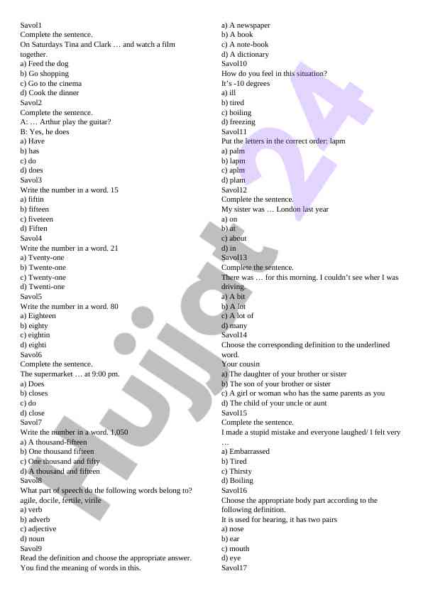 English language test questions and answers